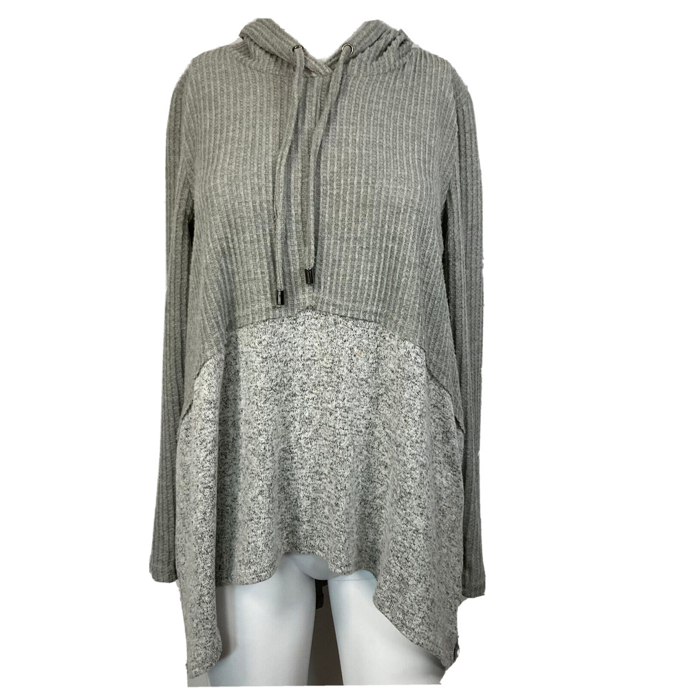 BKE Shirt Womens Sz XS Gray Knit Waffle High Low Hem Pieced‎ Raw Edge Hoodie